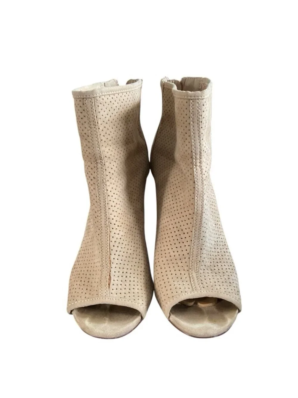 Shoe Dazzle Beige Perforated Peep-Toe Ankle Booties Open Toe Zip Up Size 8